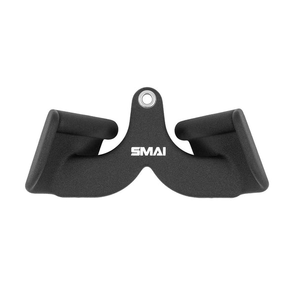The SMAI Neoprene Cable Machine Attachments Set - 5 Piece includes ergonomic black grips with a central mounting hole and "SMAI" in white text, making them an essential addition to your gym accessories.