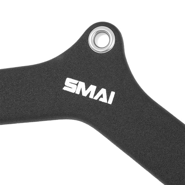 A close-up of a black, textured SMAI Neoprene Cable Machine Attachments Set – 5 Piece, featuring a mounting hole and the white SMAI logo, ideal for enhancing your gym cable machine workouts.