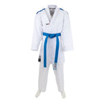 The SMAI WKF Karate Uniform Pack - 8oz Premium Kumite Gi - Pro Fighter, shown on a mannequin with a blue belt, includes a long-sleeve wrap jacket and matching white pants—perfect for training or competition.