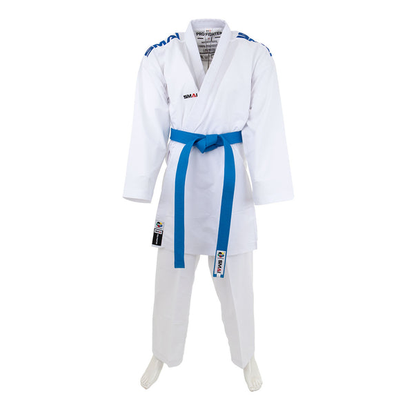 The SMAI WKF Karate Uniform Pack - 8oz Premium Kumite Gi - Pro Fighter, shown on a mannequin with a blue belt, includes a long-sleeve wrap jacket and matching white pants—perfect for training or competition.