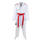 The SMAI WKF Karate Uniform Pack – 8oz Premium Kumite Gi – Pro Fighter is shown on a mannequin without visible head, hands, or feet. This lightweight gi has red accents, includes a red belt, and features a patch on the left hip.
