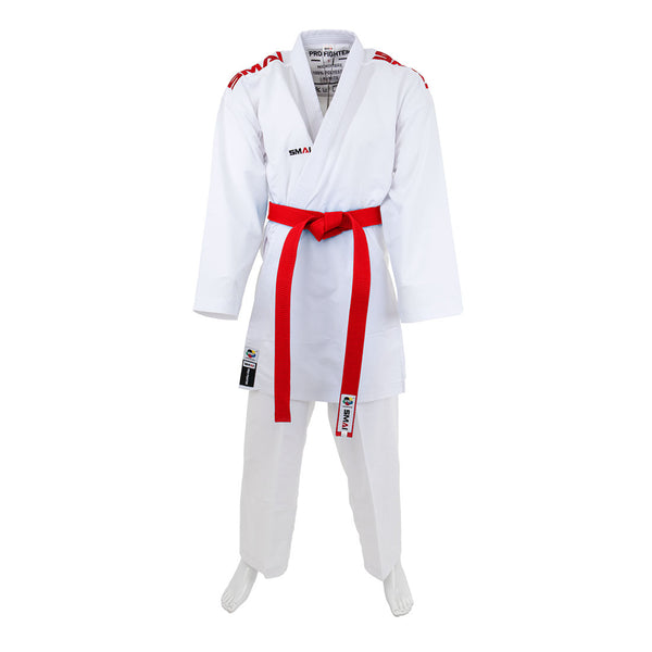 The SMAI WKF Karate Uniform Pack – 8oz Premium Kumite Gi – Pro Fighter is shown on a mannequin without visible head, hands, or feet. This lightweight gi has red accents, includes a red belt, and features a patch on the left hip.