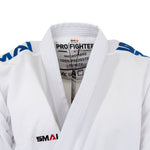 The SMAI WKF Karate Uniform Pack - 8oz Premium Kumite Gi - Pro Fighter is a size 5, lightweight, white karate jacket with textured microfiber fabric, blue "SMAI" on the shoulders, and "PRO FIGHTER" label—WKF approved for kumite. 100% polyester.