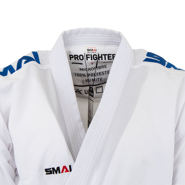 The SMAI WKF Karate Uniform Pack - 8oz Premium Kumite Gi - Pro Fighter is a size 5, lightweight, white karate jacket with textured microfiber fabric, blue "SMAI" on the shoulders, and "PRO FIGHTER" label—WKF approved for kumite. 100% polyester.