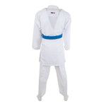 A person wearing the SMAI WKF Karate Uniform Pack—8oz Premium Kumite Gi Pro Fighter with a blue belt, seen from the back, stands upright against a plain white background.