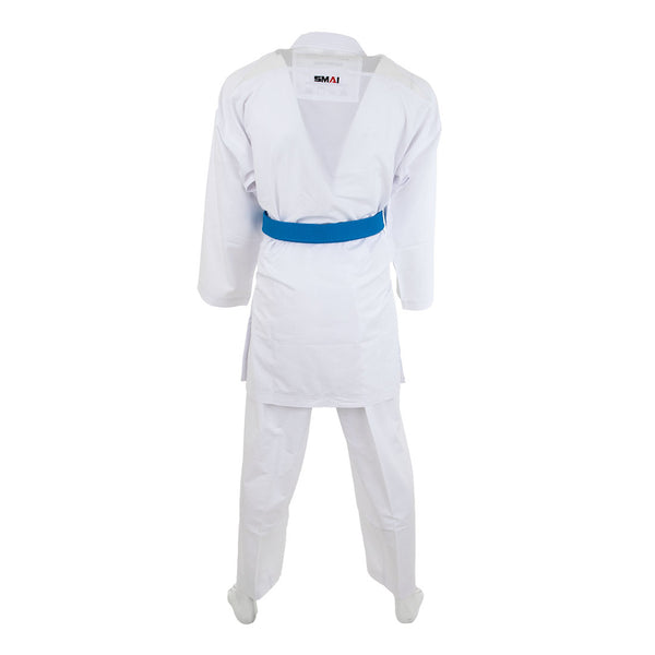 A person wearing the SMAI WKF Karate Uniform Pack—8oz Premium Kumite Gi Pro Fighter with a blue belt, seen from the back, stands upright against a plain white background.