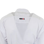 Close-up of the back of an unworn SMAI WKF Karate Uniform Pack - 8oz Premium Kumite Gi - Pro Fighter, featuring a mesh panel and "SMAI" logo in black and red on the upper back; figure is facing away.