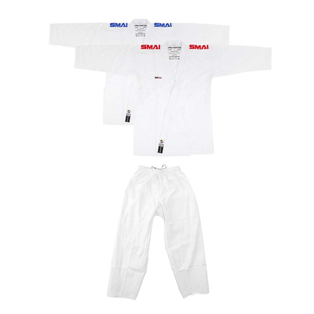 The SMAI WKF Karate Uniform Pack - 8oz Premium Kumite Gi - Pro Fighter includes two jackets (one with red "SMAI," one with blue) and white drawstring pants. Perfect for training or competition. Displayed on a white background.