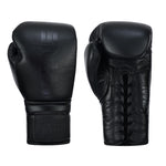 Two black SMAI Pro Series Leather Lace-Up Boxing Gloves are shown side by side: one displays the brand on the cuff, while the other reveals the palm side with laces for a secure fit.
