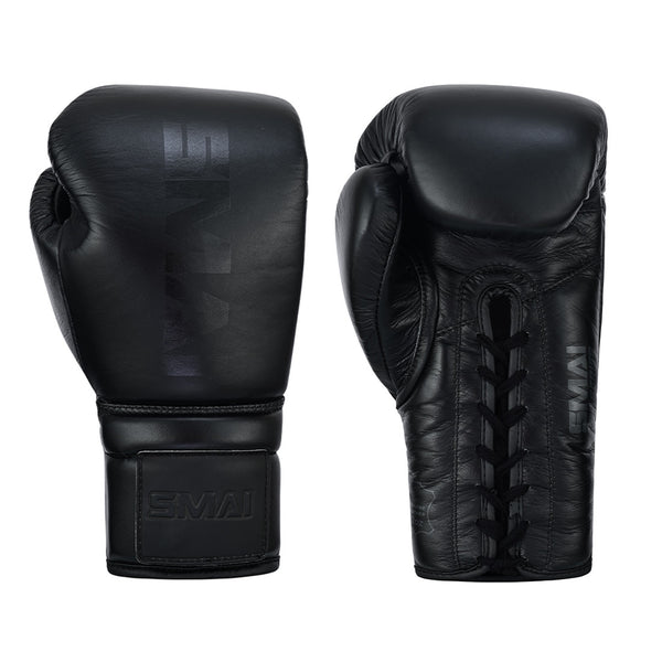 Two black SMAI Pro Series Leather Lace-Up Boxing Gloves are shown side by side: one displays the brand on the cuff, while the other reveals the palm side with laces for a secure fit.