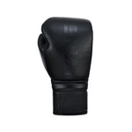 The SMAI Pro Series Leather Lace-Up Boxing Glove in black, made from premium cowhide, features the brand name on the wrist strap and front. Designed for superior impact absorption, it stands upright against a plain white background.