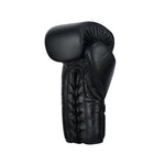 The SMAI Pro Series Leather Lace-Up Boxing Glove in black is displayed upright on a white background. Made from premium cowhide leather, the glove offers superior impact absorption for enhanced performance and appears brand new.