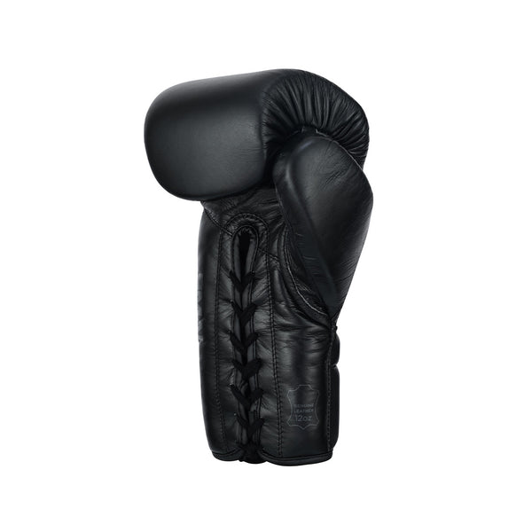 The SMAI Pro Series Leather Lace-Up Boxing Glove in black is displayed upright on a white background. Made from premium cowhide leather, the glove offers superior impact absorption for enhanced performance and appears brand new.