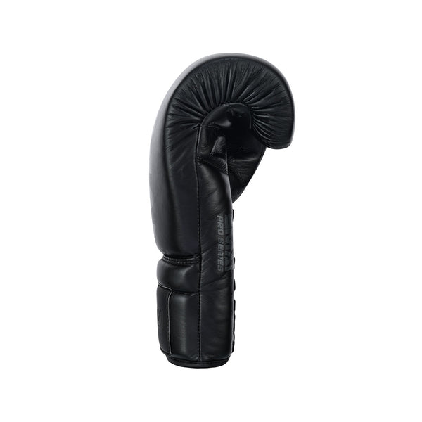 The SMAI Pro Series Leather Lace-Up Boxing Glove in black is displayed upright on a white background, showing its side profile with visible stitching and padded wrist support.