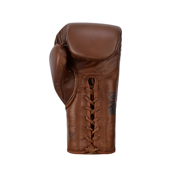 The SMAI Pro Series Leather Lace-Up Boxing Glove in Antique Brown offers premium cowhide leather, wrist laces, and a classic front view with side-positioned thumb for a superior fit and lasting durability.