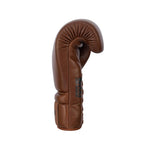 The SMAI Pro Series Leather Lace-Up Boxing Glove in Antique Brown stands upright on a plain white background, featuring padded contours and a secure wrist strap for superior impact absorption.