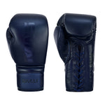 The SMAI Pro Series Leather Lace-Up Boxing Gloves in Navy Blue feature secure inner wrist laces for a snug fit and optimal impact absorption, with one glove shown front-on and the other from the side, displaying the "SMAI" logo.