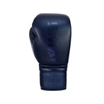 A single Pro Series Leather Lace-Up Boxing Glove in navy blue by SMAI, featuring the brand name on the back of the hand and wrist strap, is photographed against a white background.