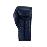 The SMAI Pro Series Leather Lace-Up Boxing Glove in navy blue is shown upright against a white background, displaying its palm side and thumb.