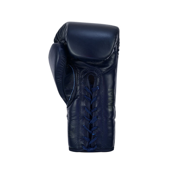 The SMAI Pro Series Leather Lace-Up Boxing Glove in navy blue is shown upright against a white background, displaying its palm side and thumb.