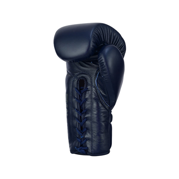A single SMAI Pro Series Leather Lace-Up Boxing Glove in navy blue is displayed upright against a white background.