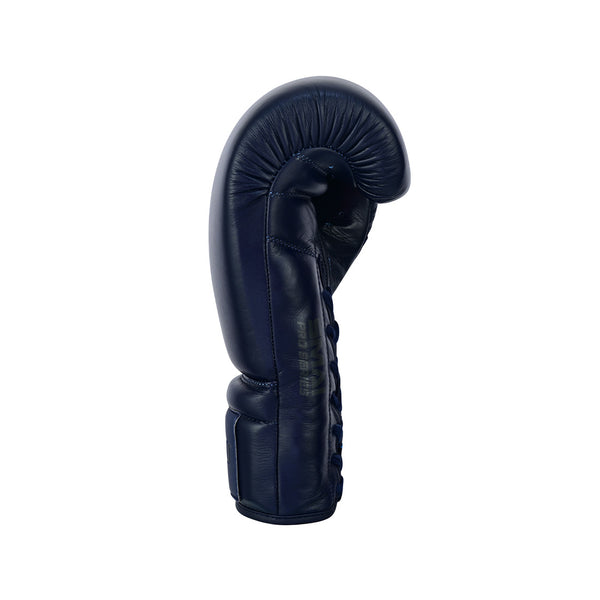 A single SMAI Pro Series Leather Lace-Up Boxing Glove in navy blue stands upright against a plain white background.