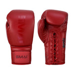 A pair of crimson red SMAI Pro Series Leather Lace-Up Boxing Gloves, one shown front-facing and the other displaying the palm side with lace-up closure.