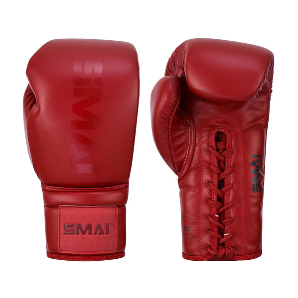 A pair of crimson red SMAI Pro Series Leather Lace-Up Boxing Gloves, one shown front-facing and the other displaying the palm side with lace-up closure.