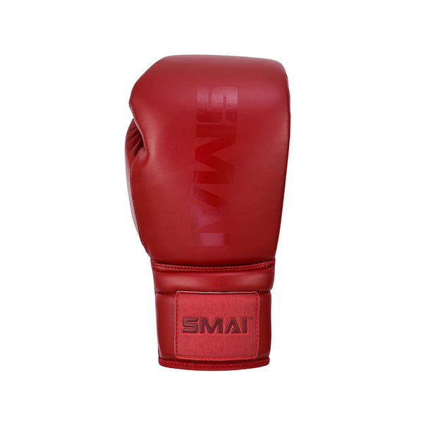 A single SMAI Pro Series Leather Lace-Up Boxing Glove in crimson red is shown upright on a white background, with the SMAI logo visible on the wrist strap and along the glove's surface.