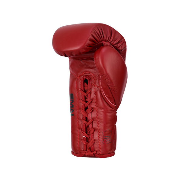 The SMAI Pro Series Leather Lace-Up Boxing Glove in Crimson Red is pictured upright against a white background.