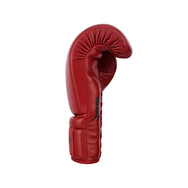 The SMAI Pro Series Leather Lace-Up Boxing Glove in Crimson Red is displayed upright against a plain white background.