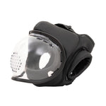 The SMAI Head Guard - PU Prospec is a black padded helmet with a clear face shield and ventilation holes, providing protective headgear ideal for martial arts or Koshiki Karate sparring.