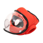The SMAI Head Guard - PU Prospec is a red padded headgear with a clear face shield and ventilation holes, offering protection during martial arts or combat sports training.