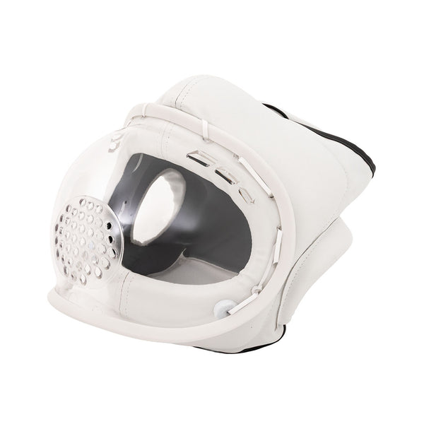The SMAI Head Guard - PU Prospec, a white astronaut-style helmet with a large clear visor, ventilation holes, and padded sides resembling Koshiki Karate headgear, is displayed on a plain white background.