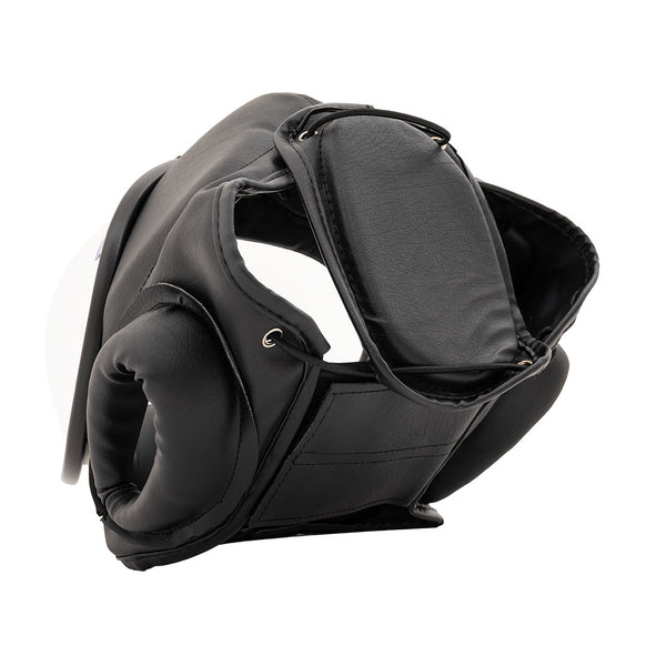 The SMAI Head Guard - PU Prospec is a black, padded synthetic leather headguard for martial arts or boxing, featuring ear and chin protection and adjustable velcro straps. Displayed against a plain white background.
