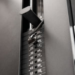 Free Standing Cable Tower Lat Pull / Low Row Close up of band peg and weight stack