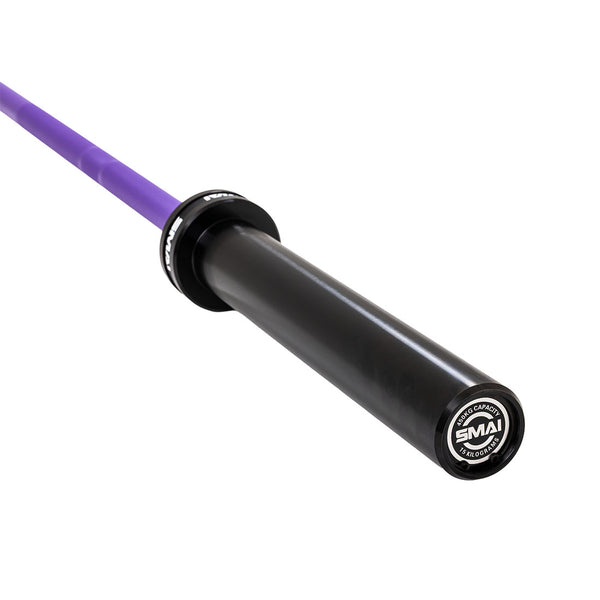 Close-up of the SMAI Barbell - Purple Ceramic Coat - 15kg, featuring a black sleeve, purple shaft, and branded end cap. The rust-resistant barbell showcases its durable sleeve and end cap design.