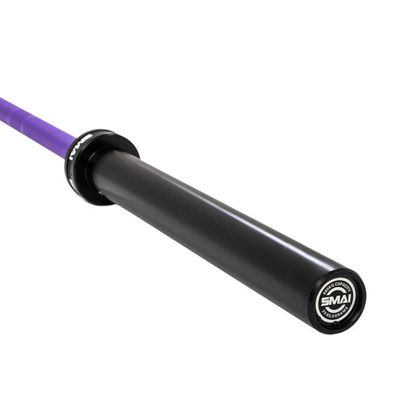 A close-up of the SMAI Barbell - Purple Ceramic Coat - 20kg, featuring black and purple colors with SMAI branding on the end cap, photographed against a white background.