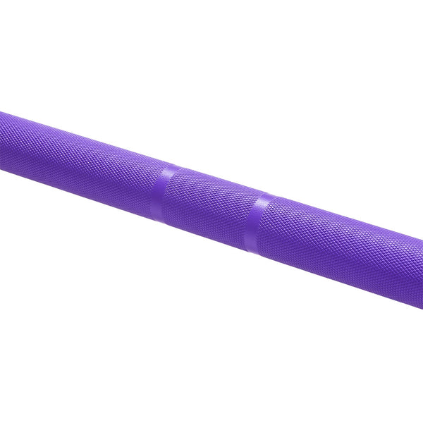 A close-up of the SMAI Barbell - Purple Ceramic Coat - 20kg displays its detailed grip knurling and smooth center section on a white background, blending durability with style for your workouts.