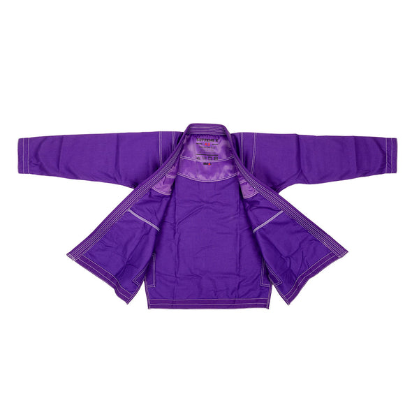 The SMAI Supreme X Brazilian Jiu Jitsu Uniform - Purple is displayed flat with sleeves extended and front open, showcasing the inner lining and pearl weave stitching details against a white background.