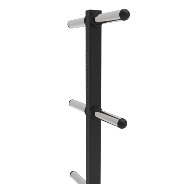 The SMAI The Yard - Bumper Plate Storage Tree - Olympic is a vertical black metal rack with three pairs of horizontal silver bars per side, ideal for organized Olympic plate or gym equipment storage.