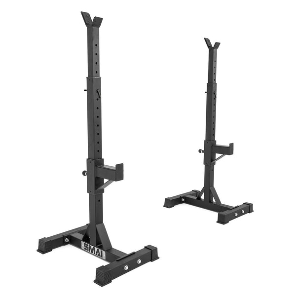 The SMAI Portable Squat Stand - Heavy Duty features sturdy bases, adjustable upright posts with height holes, and top barbell holders—ideal for any home gym setup.