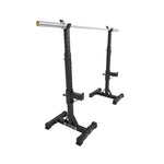 The SMAI Portable Squat Stand - Heavy Duty features sturdy bases and height-adjustable supports, shown here with a silver barbell on top against a white background—ideal for weightlifting in your home gym.