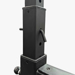 Close-up of the SMAI Portable Squat Stand - Heavy Duty, featuring interlocking square tubes with adjustment holes and locking pins—ideal for any home gym.