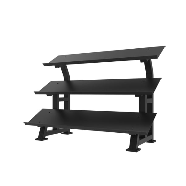 The SMAI The Yard Dumbbell Rack - 3 Tier is a black, modern rack with angled shelves and sturdy metal legs. Designed to resemble studio furniture, it offers minimalist style and displays on a white background.
