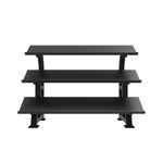 The SMAI The Yard - Dumbbell Rack - 3 Tier is a black, rectangular display shelf with flat surfaces and sturdy supports, perfect for commercial gym storage or as a dumbbell rack, shown against a plain white background.