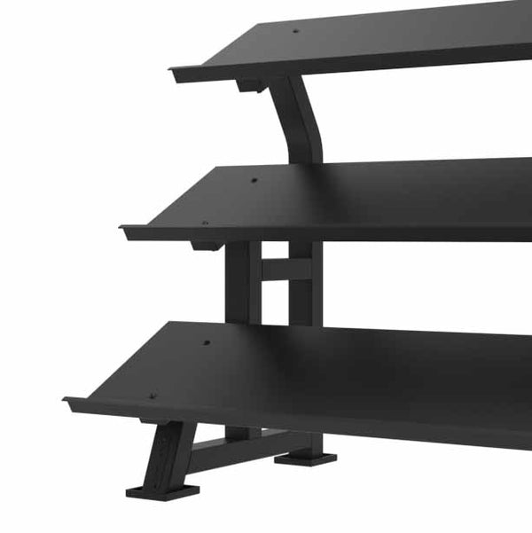 The SMAI The Yard - Dumbbell Rack - 3 Tier features angled shelves and a sturdy, minimalist black frame—ideal for efficient commercial gym weight storage and organization.