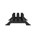 The SMAI The Yard - Barbell Storage - 9 Freestanding is a black rectangular metal rack with four wide-legged supports and nine cylindrical holders in two rows, featuring a minimalist industrial design for Olympic barbell storage.