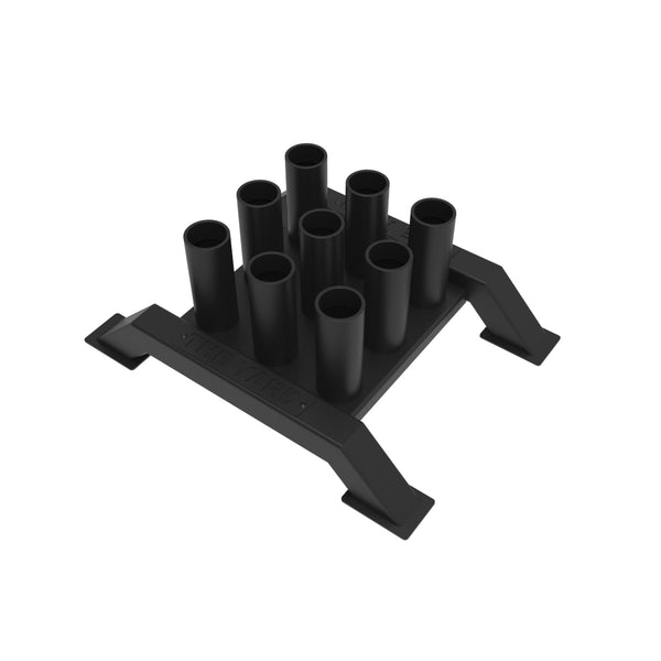 The SMAI The Yard - Barbell Storage - 9 Freestanding is a black plastic rack with nine vertical barbell slots in a 3x3 grid, four angled corner legs, and a square base—perfect for organized Olympic barbell storage.
