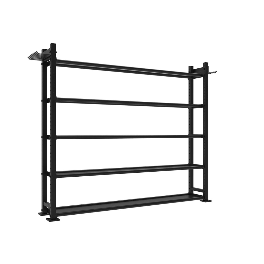 The Yard - Storage Rack - Tall by SMAI is a black storage rack with four horizontal shelves and solid vertical supports. Perfect for gym equipment, it includes a small slotted attachment on the top left corner and stands on a white background.
